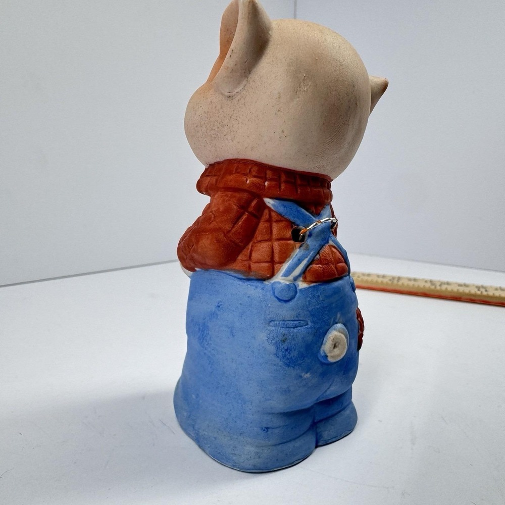 Vintage Jasco Taiwan Pig Bell Figurine Blue Overalls Farm Country Ceramic - Picture 4 of 8
